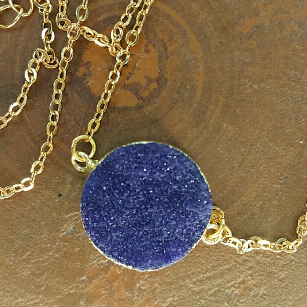 NEW Real Druzy Cobalt Necklace 18k Gold 14K Chain